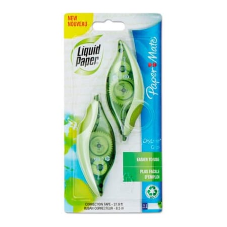 Paper Mate Liquid Paper DryLine Grip Recycled Correction Tape, 1/5 in x 335 in, White, 2/Pack 1744480